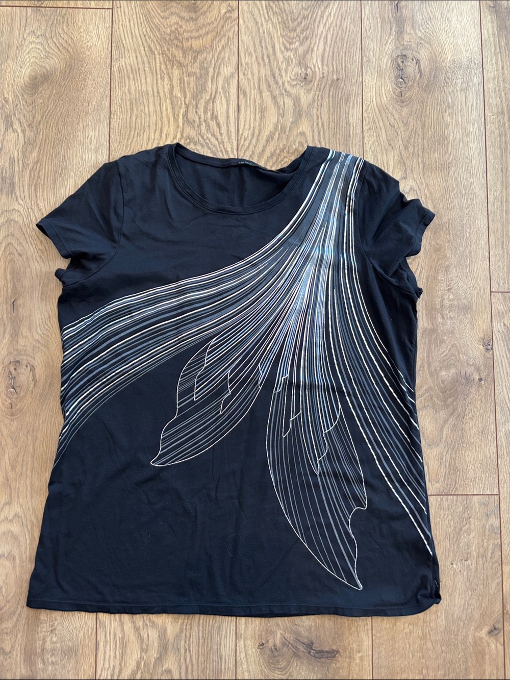Tahari Black Short-Sleeve Tee with Silver Metallic Flow Graphic